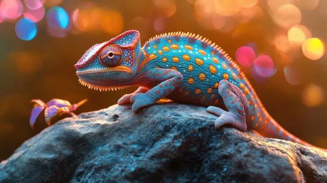 A colorful chameleon rests on a rock with warm glowing bokeh lights in the background.