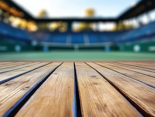 Wooden deck planks stretch toward a blurred stadium field with empty blue and green seating.