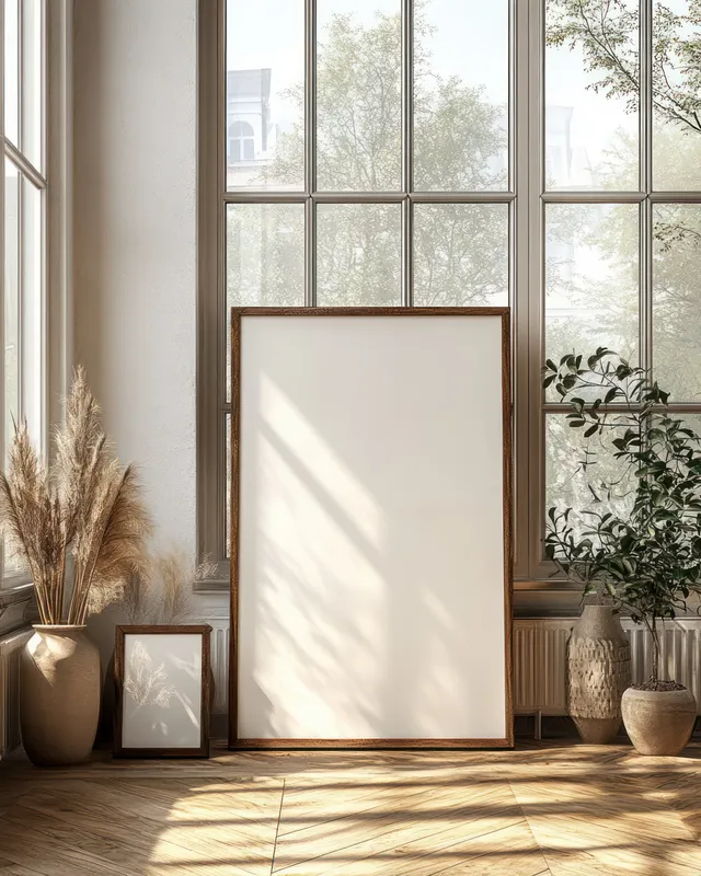 Blank wooden-framed canvas poster stands in a sunlit minimalist living room near large windows and potted plants.