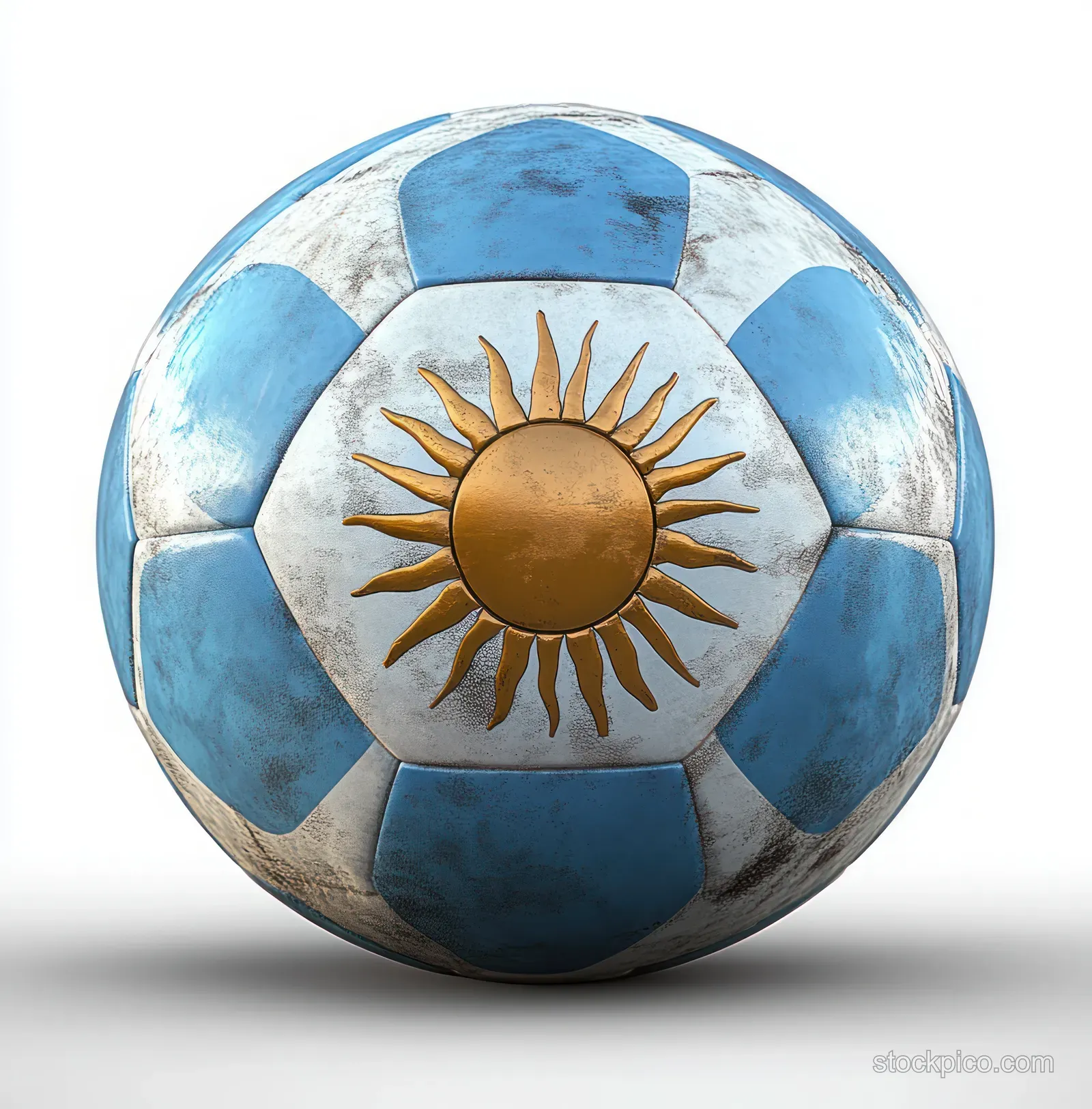 Glossy Argentina flag soccer ball close-up with blue-and-white panels and a golden sun emblem.