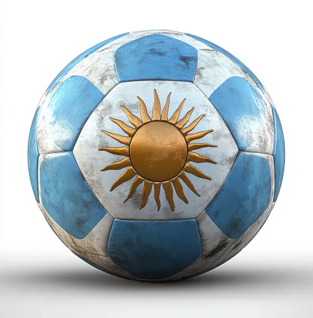 Glossy Argentina flag soccer ball close-up with blue-and-white panels and a golden sun emblem.