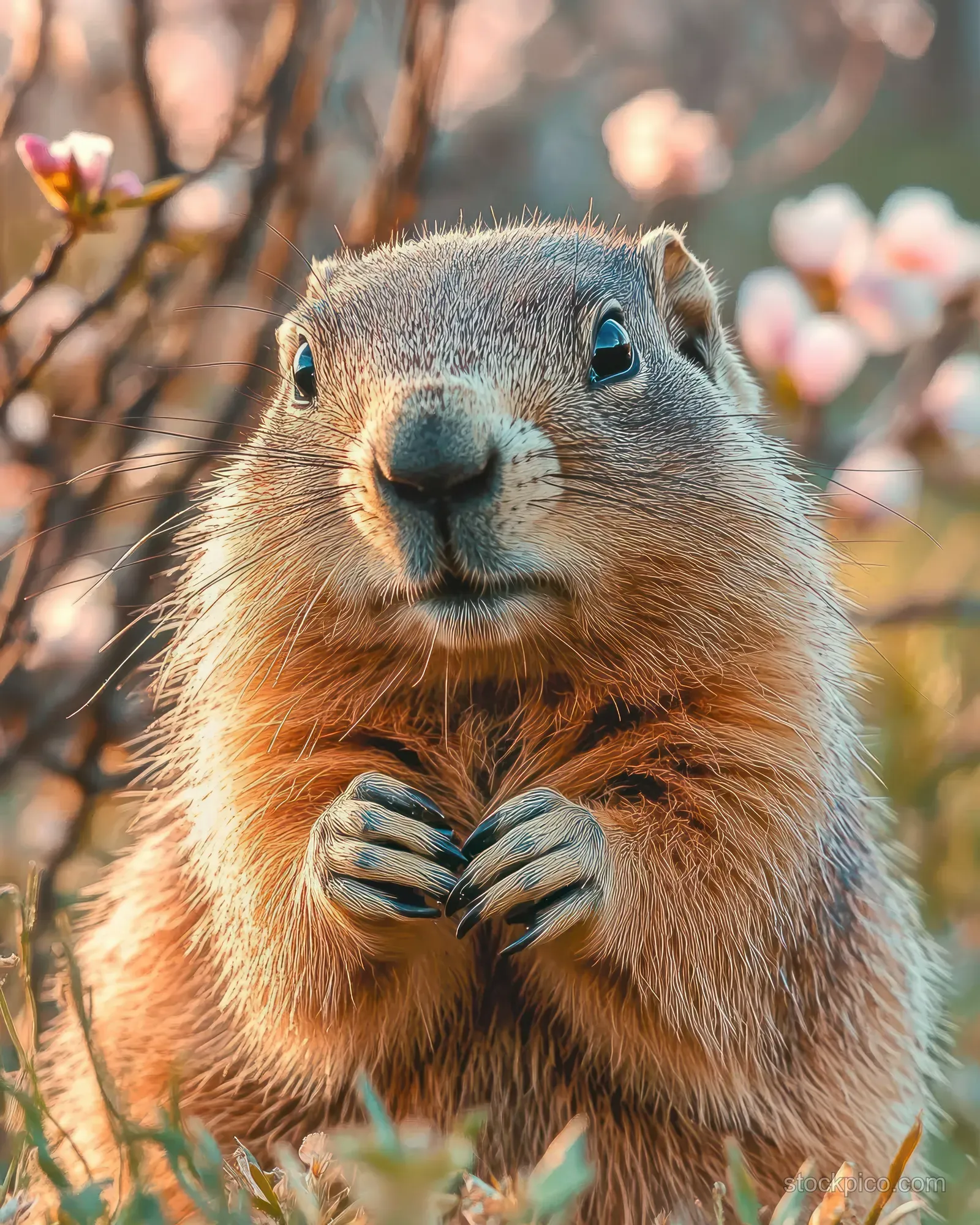 A ground squirrel stands among blooming spring flowers, looking inquisitively in warm sunlight with fluffy fur.