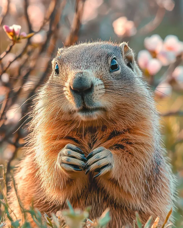 A ground squirrel stands among blooming spring flowers, looking inquisitively in warm sunlight with fluffy fur.
