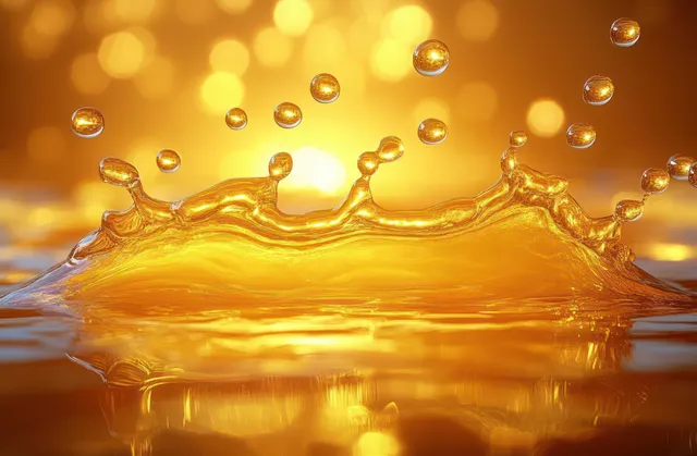 Golden liquid splash with suspended droplets, glowing warm bokeh background and rippling surface