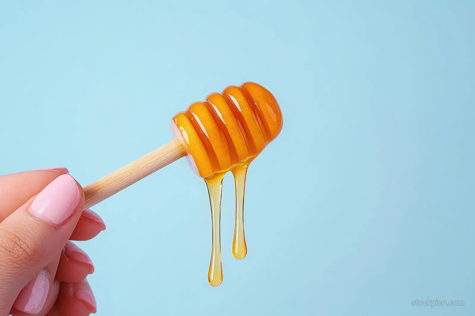 A hand holds a wooden honey dipper with golden honey dripping on a blue background.