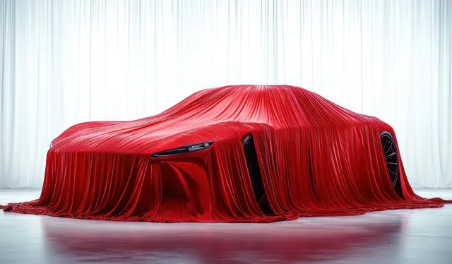 A sleek car wrapped in flowing red satin fabric in a bright studio with glossy floor reflections.