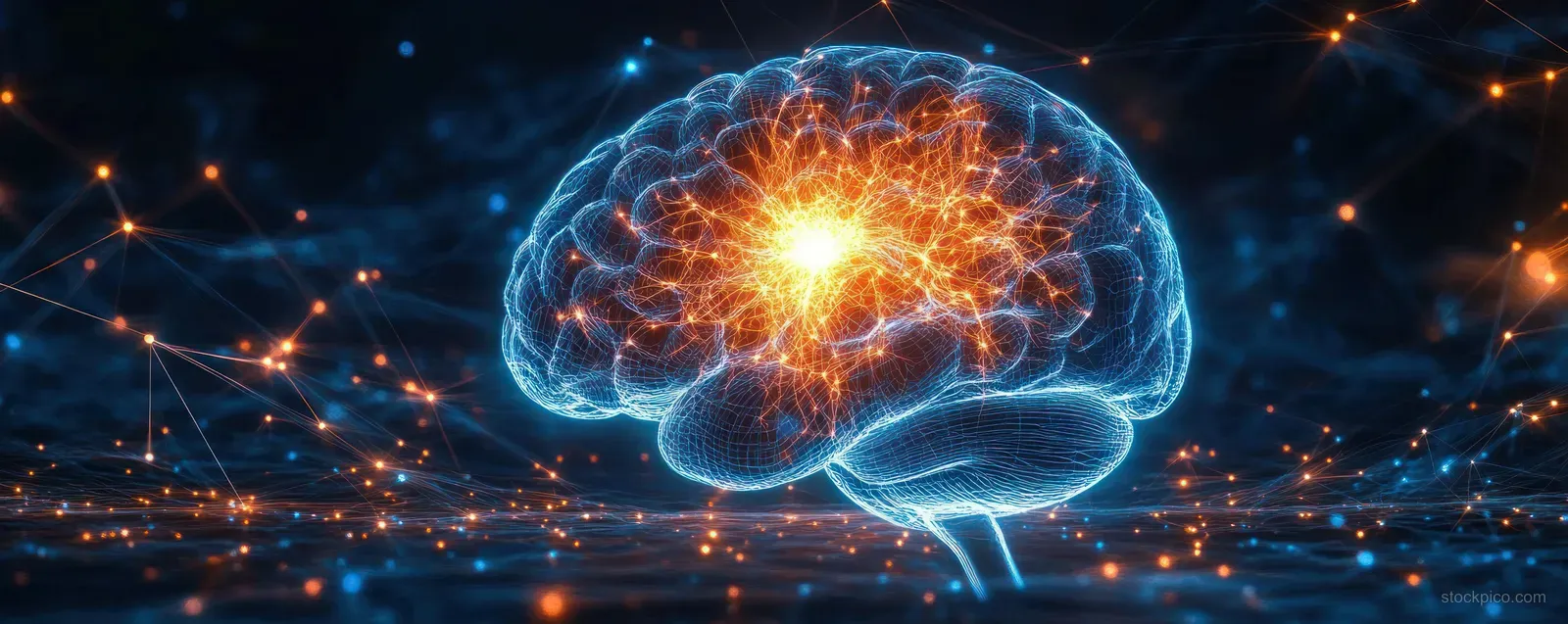 A glowing digital brain floats in darkness as interconnected neural nodes and light signal lines radiate outward.