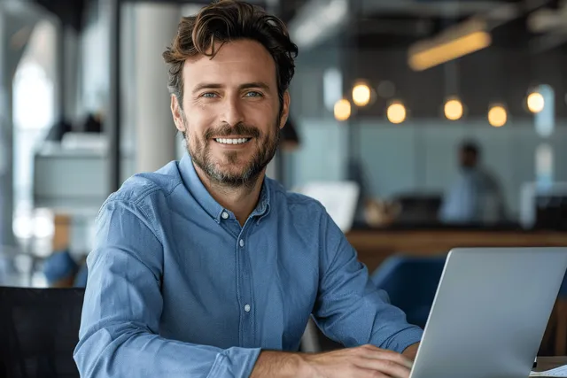 Smiling businessman typing on laptop at modern office desk, blue shirt