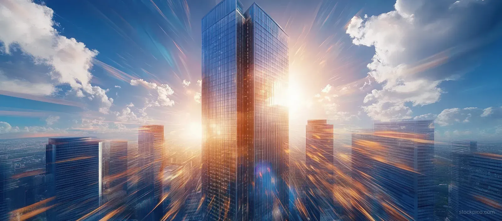 Aerial downtown view of skyscrapers reflecting sunlight on glass facades with visible lens flare.