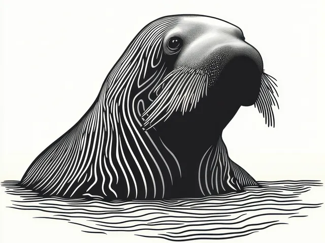 A monochrome walrus head emerges from rippling water with detailed whiskers and etched line texture.