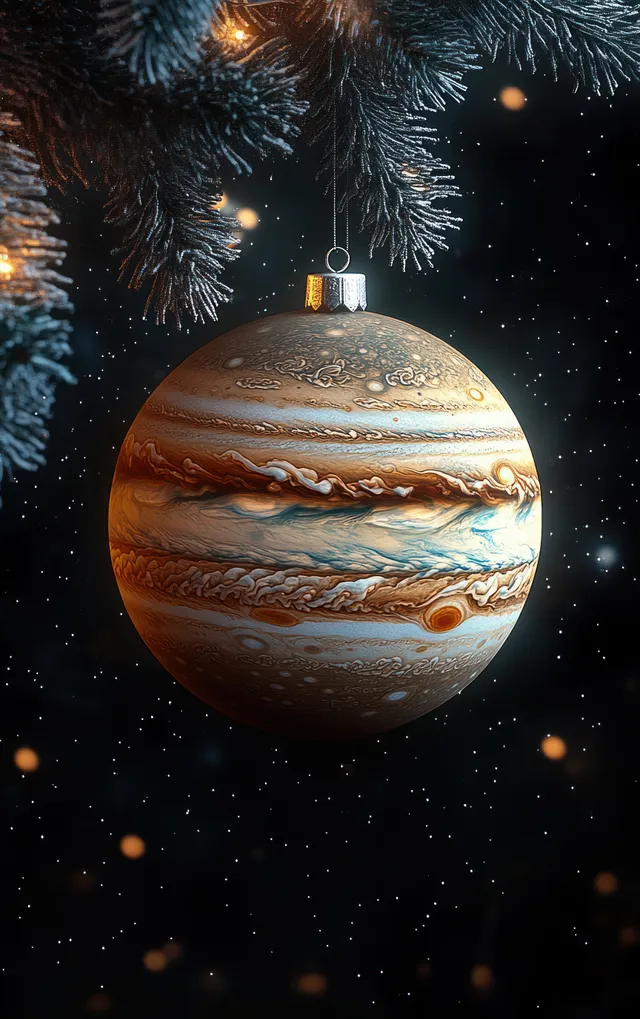 A Jupiter-shaped Christmas ornament hangs on a pine branch with a starry space backdrop and soft glowing highlights.