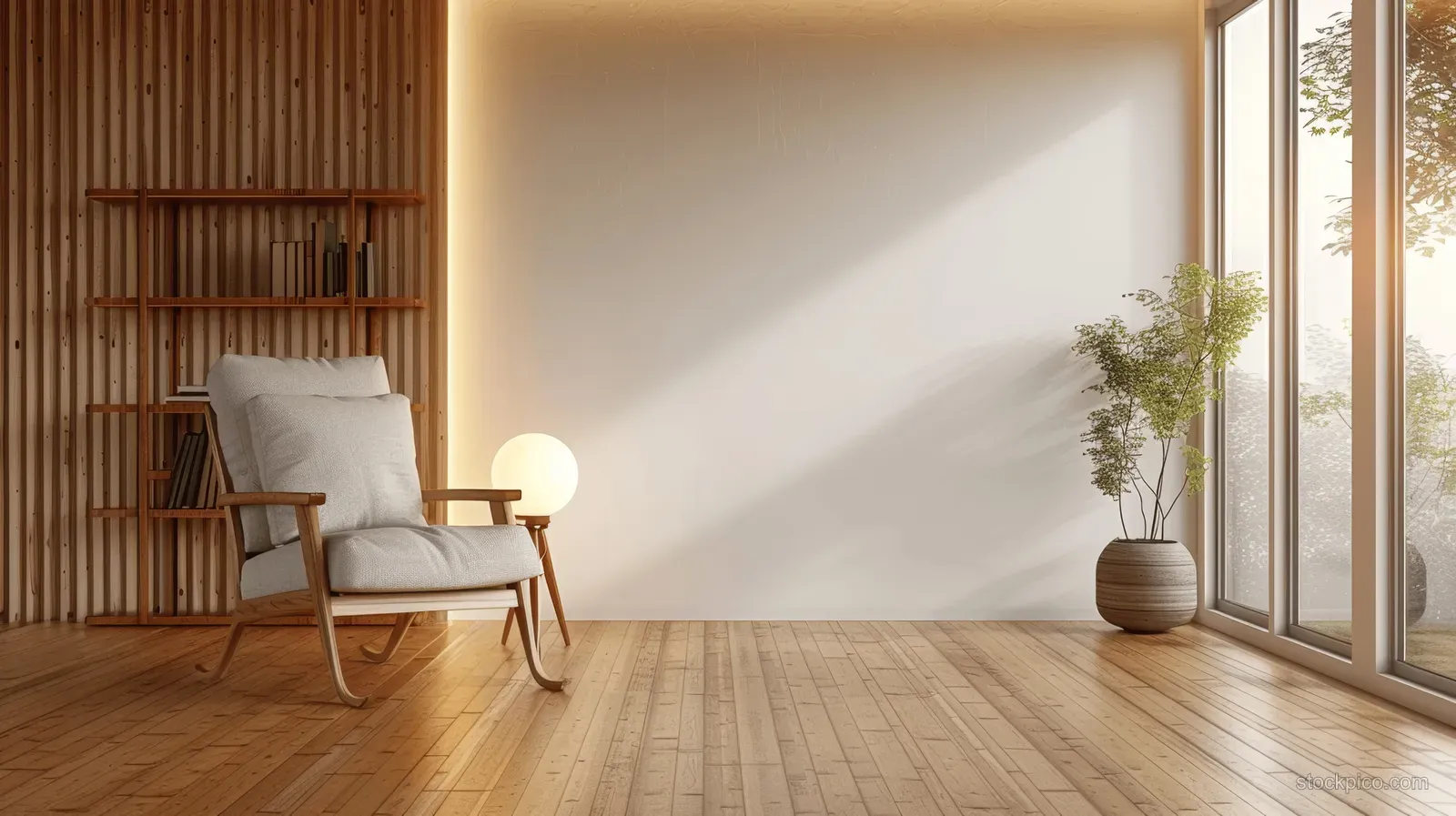 Minimal living room corner with an armchair and glowing floor lamp beside a bookcase and wooden floor.