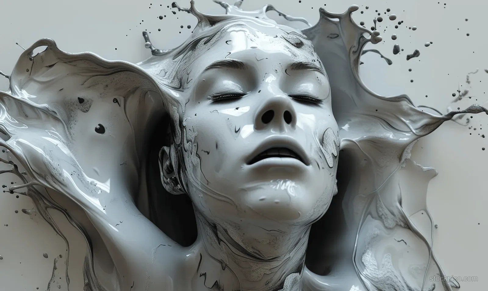 Molten grey and white liquid forms resemble a woman’s face with dramatic lighting and swirling textures.