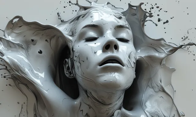 Molten grey and white liquid forms resemble a woman’s face with dramatic lighting and swirling textures.