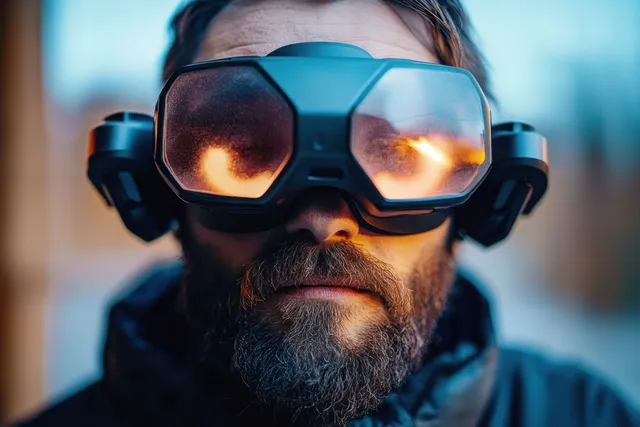Bearded man outdoors wearing VR goggles with warm reflections glowing on the lenses.
