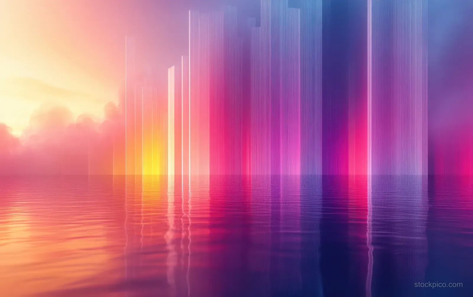 Abstract skyline at sunrise with glowing upward bars and a rising growth chart overlay.