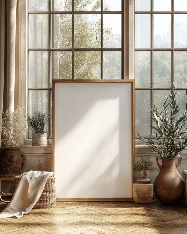Blank canvas artwork in a wooden frame stands in a bright minimalist living room beside potted plants and tall windows.
