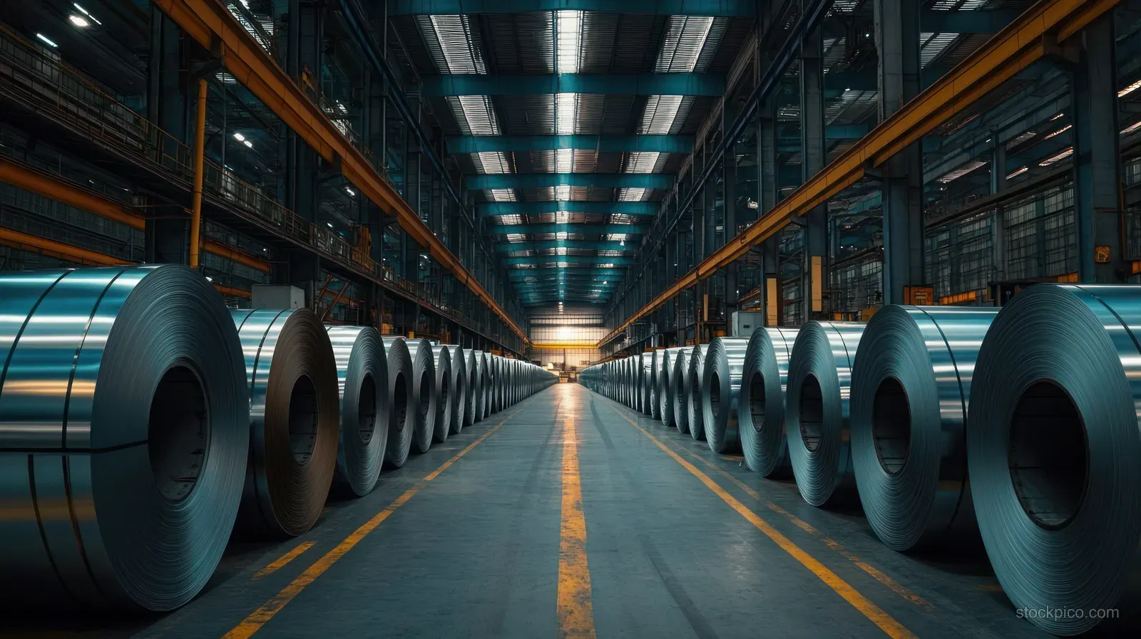 Long warehouse aisle with evenly stacked steel coils on both sides under bright overhead lights.