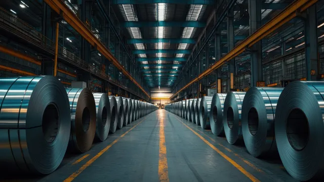 Long warehouse aisle with evenly stacked steel coils on both sides under bright overhead lights.