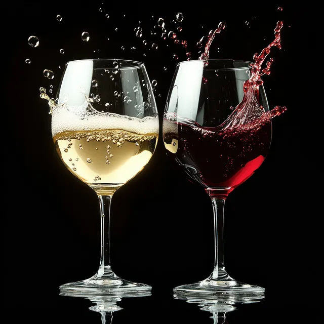Red and white wine splashing from two glasses on black background