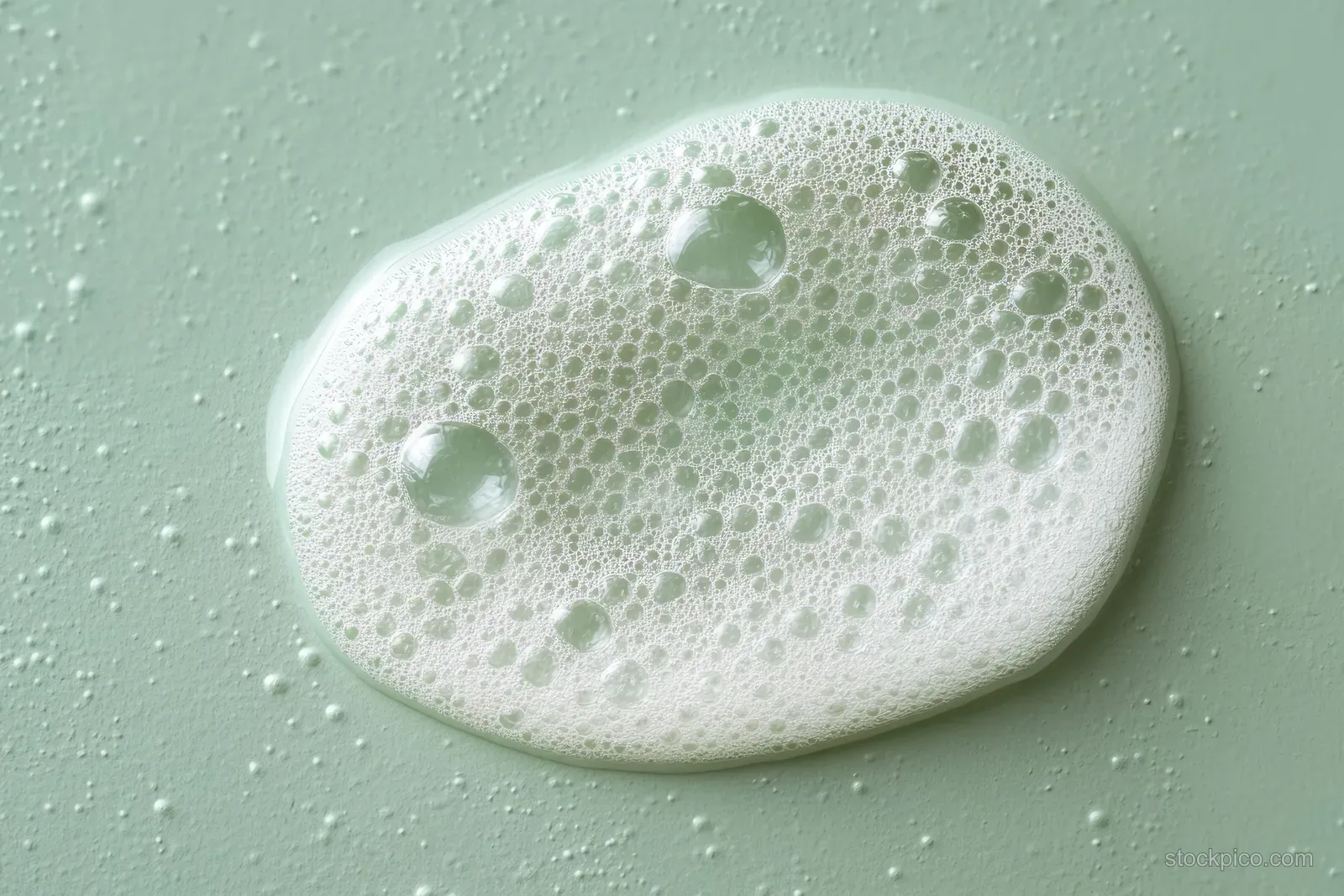 Foamy cleanser bubbles forming an oval patch on a mint green surface.