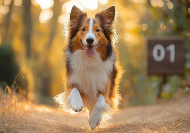 A border collie happily runs toward the camera on a sunlit autumn path beside a blurred wooden sign labeled one.