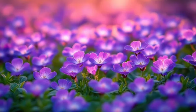 Purple flowers bloom in a meadow with soft pink-orange sunset bokeh behind them.