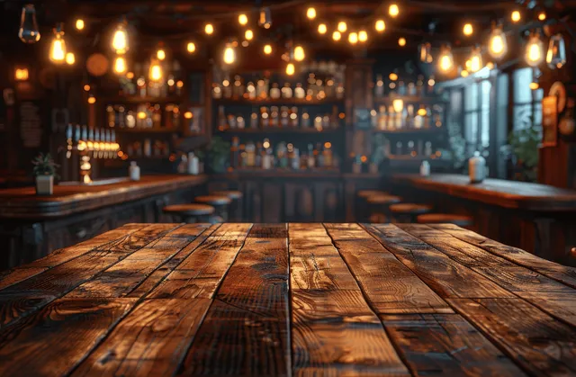 Rustic wooden tabletop in front of a softly blurred pub bar with warm bokeh lights.