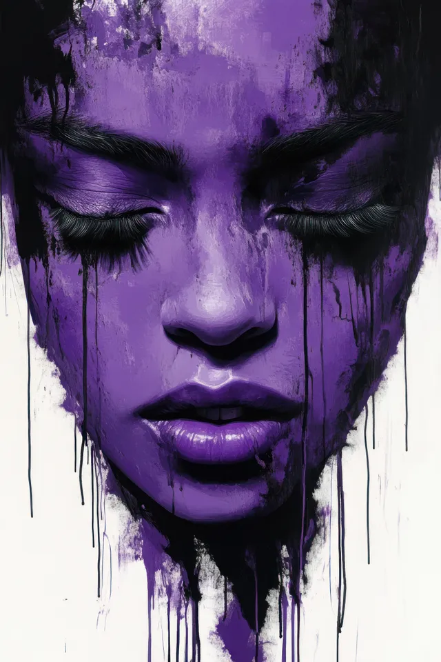 Abstract black woman portrait with purple drip paint, closed eyes and heavy shadowed expression