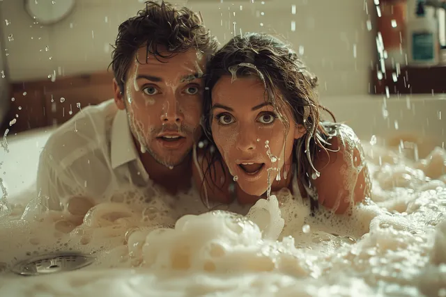 A couple splashes in a bathtub with soap bubbles and foam while wearing surprised laughing expressions.