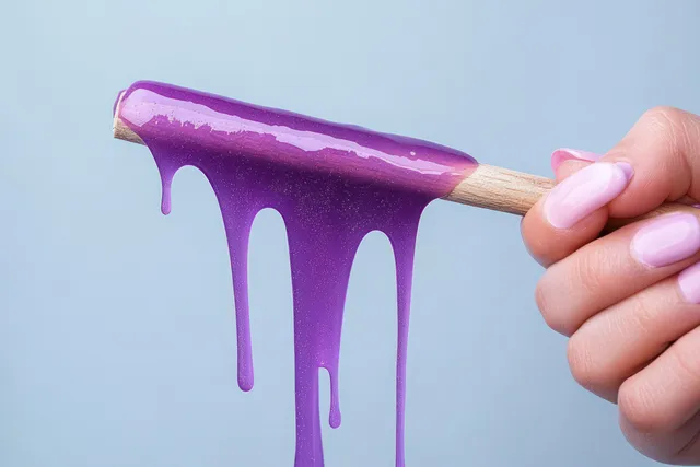 Hand holds wooden waxing stick spreading thick purple wax drip on blue background