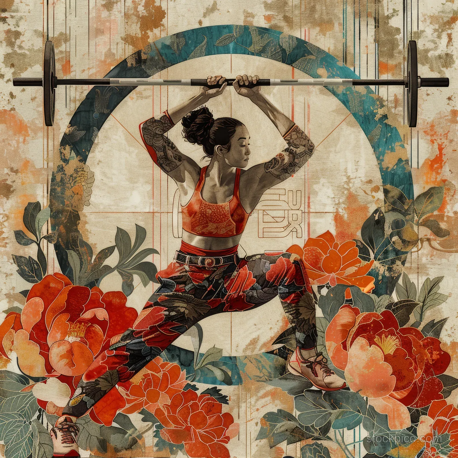 A female weightlifter holds a barbell overhead inside a floral mural with vintage paper textures.
