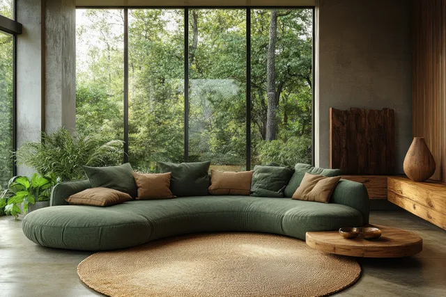 A green curved sofa sits in a minimalist living room beside warm wooden decor and large windows with trees outside.
