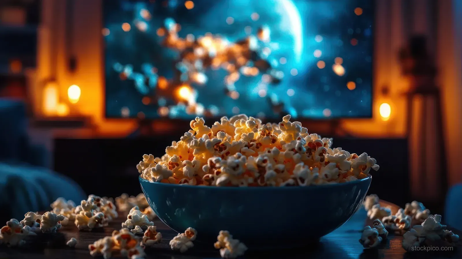 Fresh popcorn overflows from a blue bowl on a table while a TV screen glows with a space-themed scene.