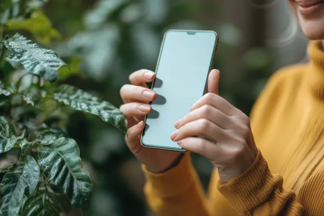 Cheerful mature woman happily uses a smartphone for messaging, planning, and online shopping.