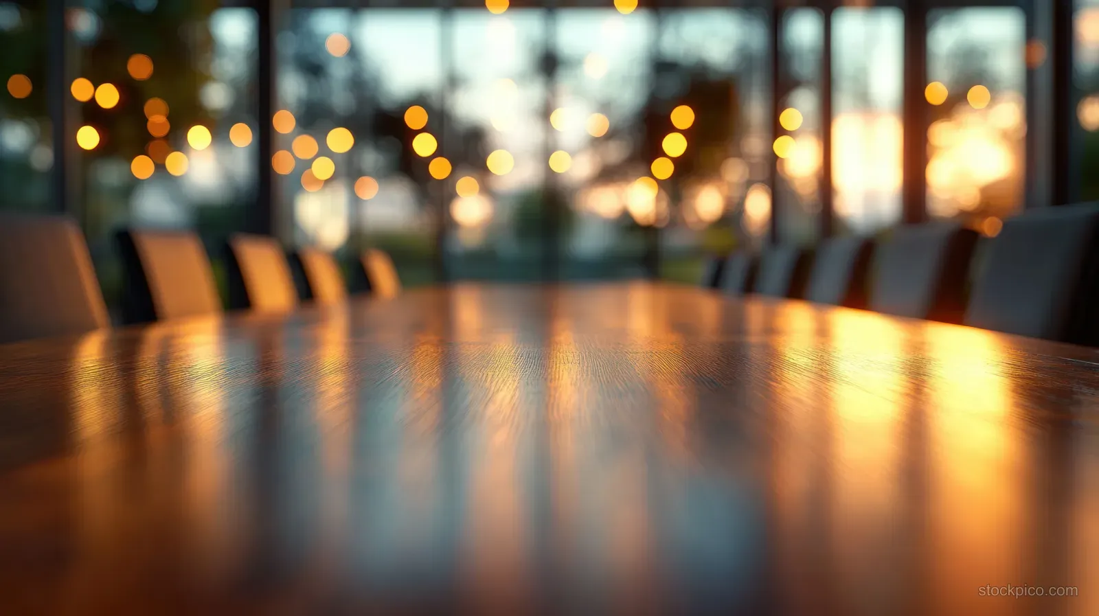 Wooden conference room table with warm evening light and blurred city lights seen through windows.