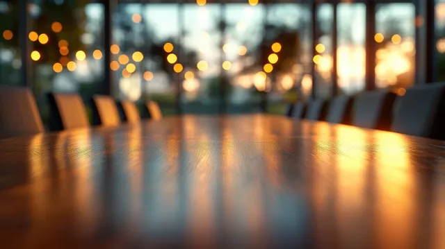Wooden conference room table with warm evening light and blurred city lights seen through windows.