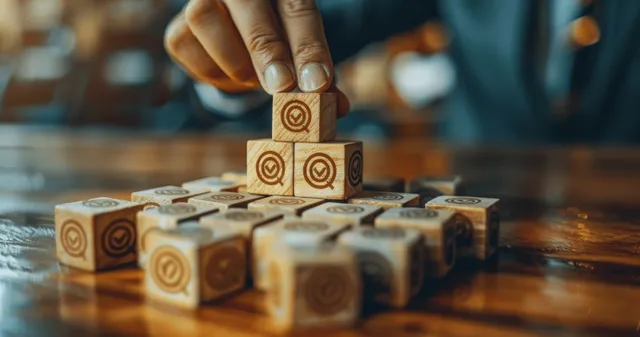 Hand stacking skill blocks toward goal target on wooden workspace with arrow markers