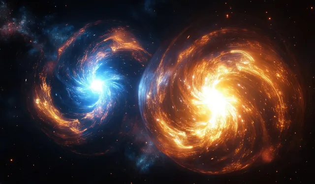 Two glowing swirling cosmic orbs, blue and orange, orbit in a dark surreal galaxy backdrop.