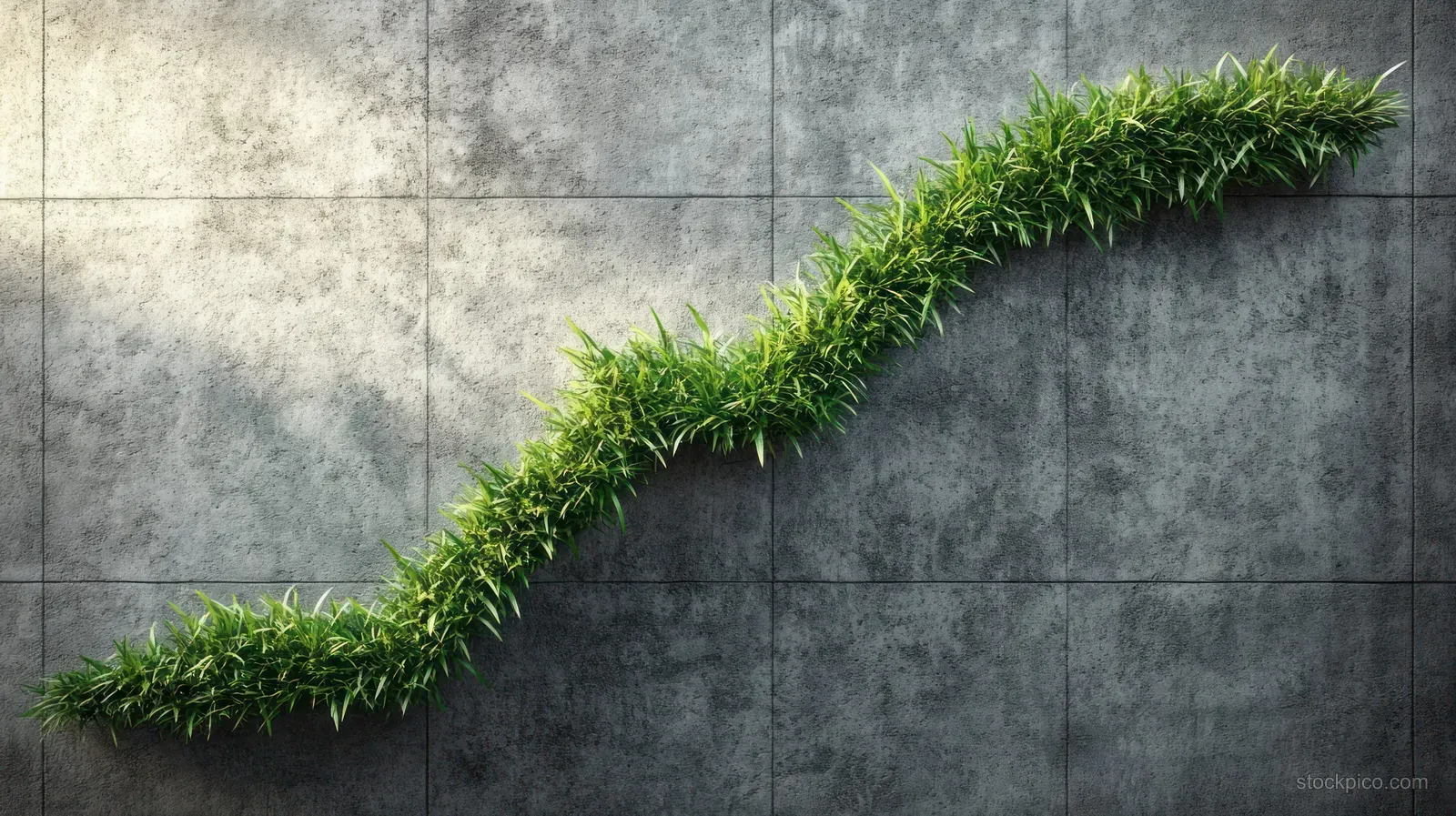 Bright green grass grows along a concrete wall in a rising curve like a growth chart.