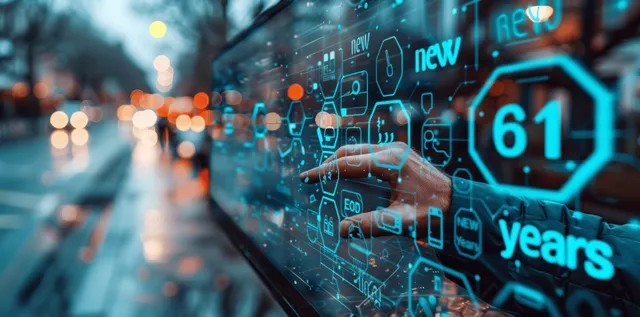 Futuristic business analytics dashboard with 61-year milestone and glowing data interfaces