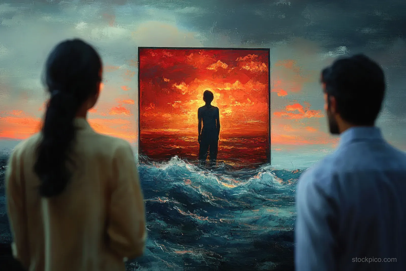 Two people stand behind a framed painting of a lone silhouette in churning ocean waves under a fiery red-orange sunset.