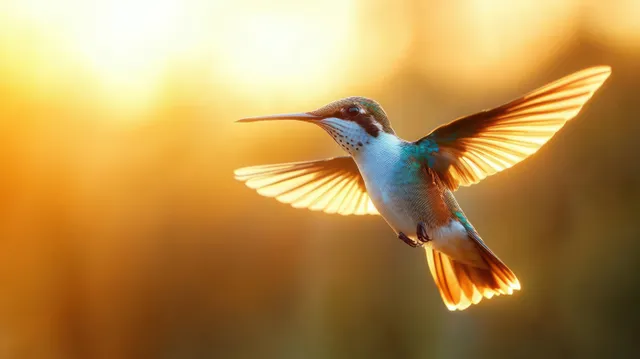 Hummingbird mid-flight with wings spread wide, glowing in warm golden sunset light