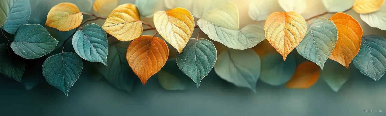 Pastel green, yellow, and orange leaves form a border over a softly textured background with watercolor wash.