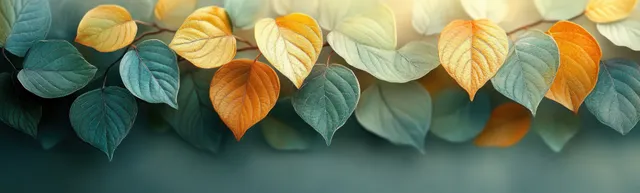 Pastel green, yellow, and orange leaves form a border over a softly textured background with watercolor wash.