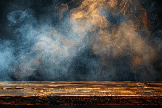 Empty wooden tabletop with swirling steam and smoke across a dark background.