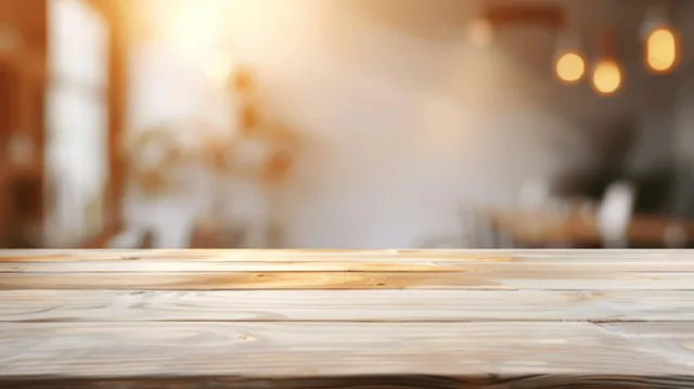 Smooth wooden tabletop stretches across the foreground with warm blurred café lights behind it.
