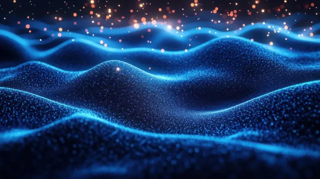 Glowing blue particle waves form a wave-like landscape with warm orange light orbs floating overhead.