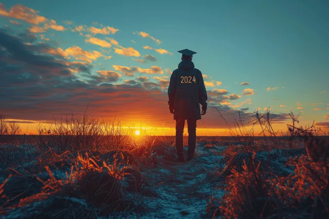 Silhouette of a graduate walking toward a glowing 2024 sunrise over a field at sunset.
