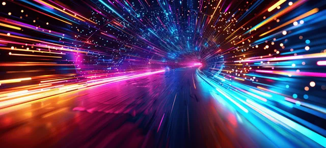 Colorful light streaks and speed lines rush through a glowing hyperspace tunnel toward a bright central point.